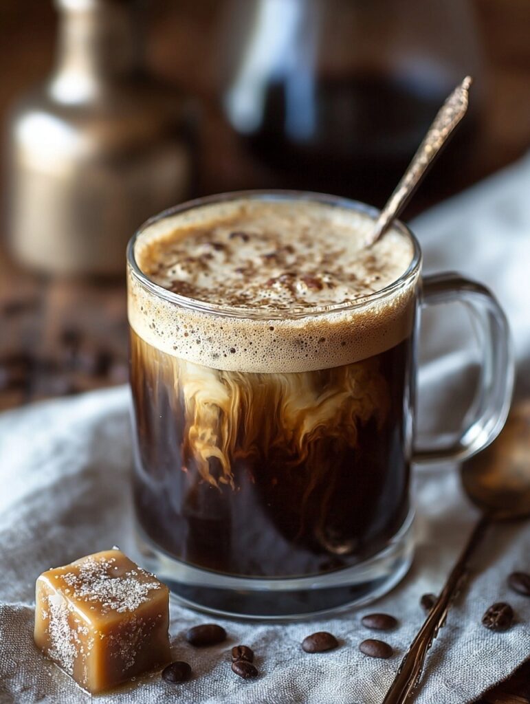 Maple brown butter coffee in ceramic mug topped with whipped cream, maple syrup drizzle, cinnamon, and chopped pecans, showing creamy caramel-colored coffee