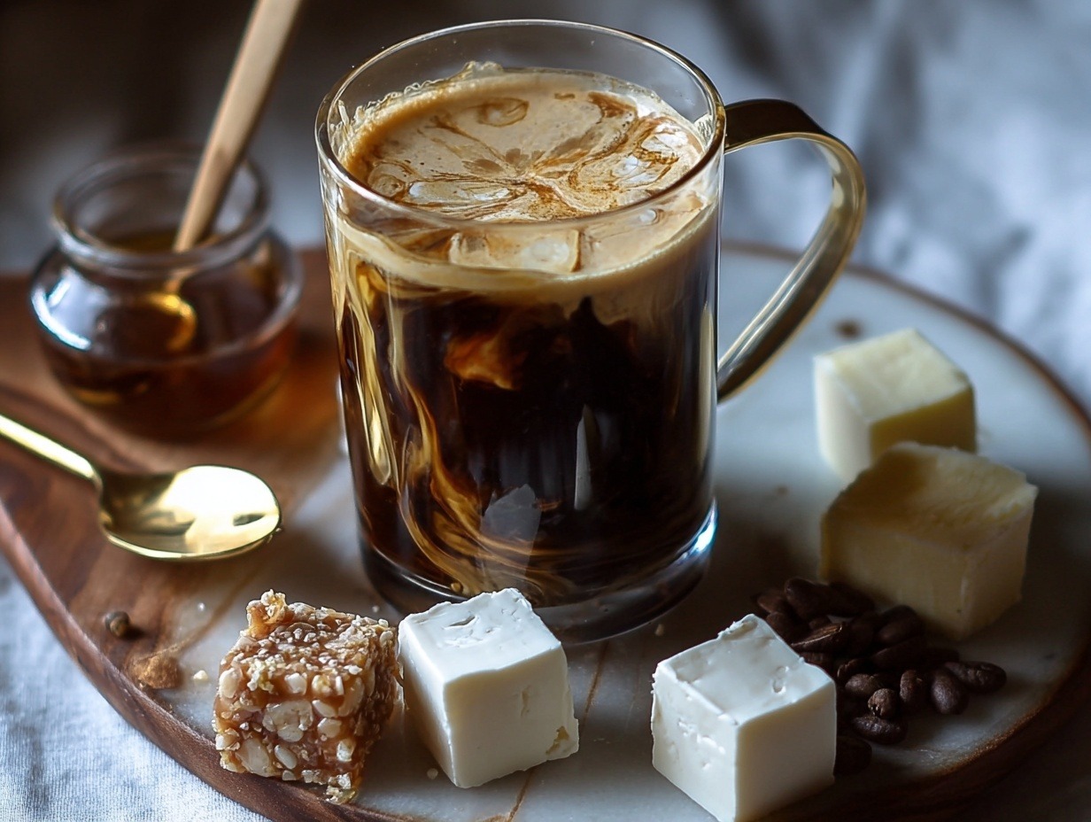 Maple brown butter coffee in ceramic mug topped with whipped cream, maple syrup drizzle, cinnamon, and chopped pecans, showing creamy caramel-colored coffee
