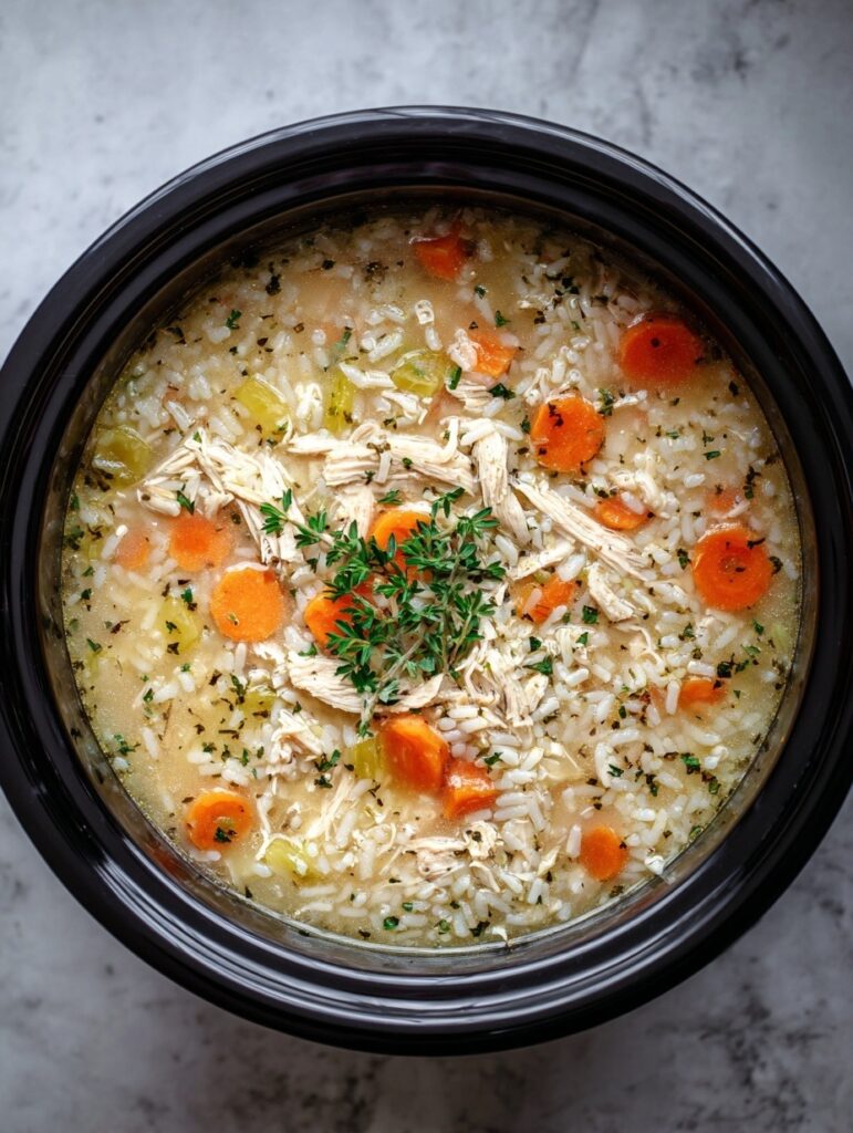 Mexican chicken and rice soup in bowl with fluffy rice, black beans, corn, shredded chicken topped with cheese, sour cream, and cilantro