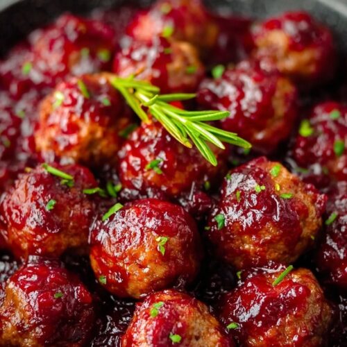 Juicy pork meatballs coated in glossy red cranberry sauce on white platter with toothpicks and fresh parsley garnish