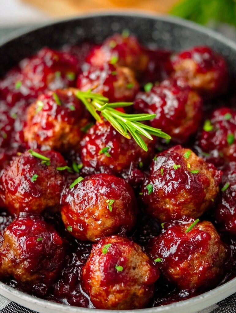 Juicy pork meatballs coated in glossy red cranberry sauce on white platter with toothpicks and fresh parsley garnish