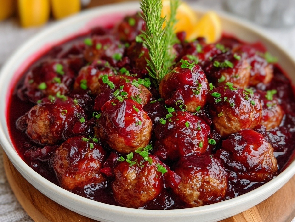Juicy pork meatballs coated in glossy red cranberry sauce on white platter with toothpicks and fresh parsley garnish