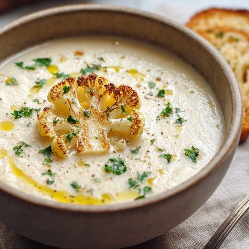 Creamy roasted cauliflower soup in ceramic bowl with golden olive oil drizzle, fresh herbs, and roasted cauliflower floret garnish showing smooth velvety texture