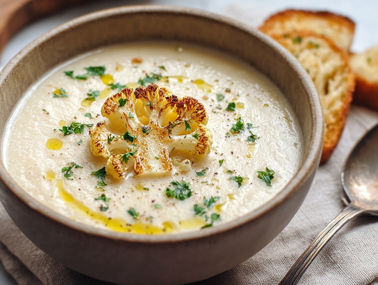 Creamy roasted cauliflower soup in ceramic bowl with golden olive oil drizzle, fresh herbs, and roasted cauliflower floret garnish showing smooth velvety texture