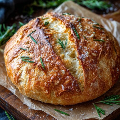Rustic no knead rosemary garlic bread with golden crusty exterior and soft interior, showing one sliced piece revealing airy crumb structure with visible herbs