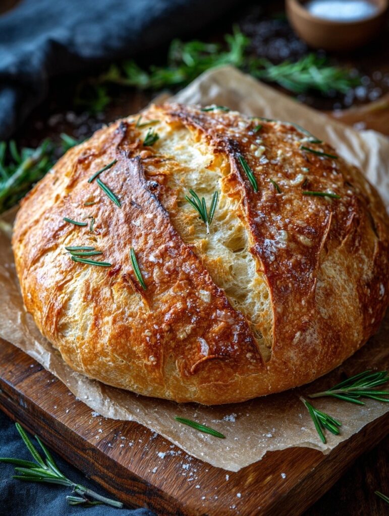 Rustic no knead rosemary garlic bread with golden crusty exterior and soft interior, showing one sliced piece revealing airy crumb structure with visible herbs