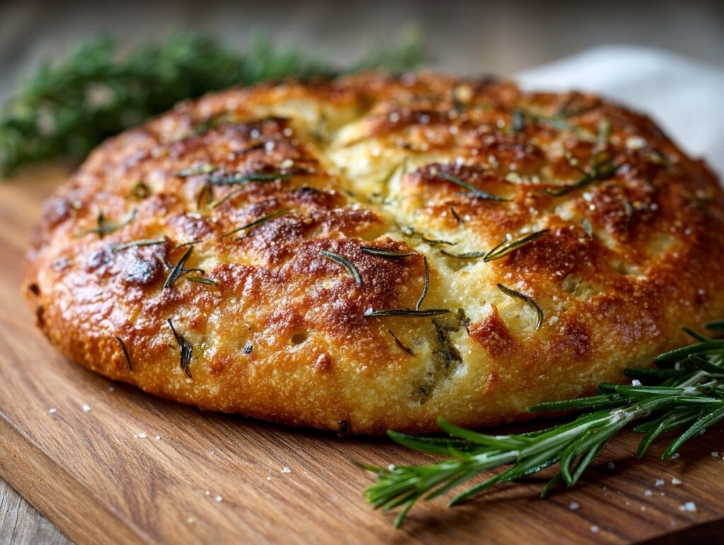 Rustic no knead rosemary garlic bread with golden crusty exterior and soft interior, showing one sliced piece revealing airy crumb structure with visible herbs