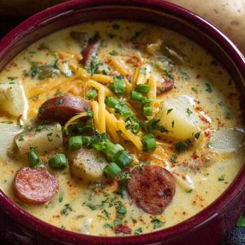 Creamy Cajun potato soup in bowl with andouille sausage slices, tender potatoes, bell peppers, melted cheddar cheese, and fresh green onions on wooden board