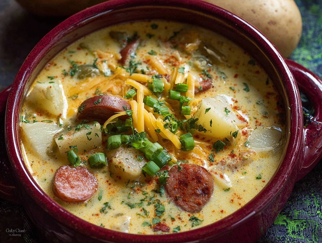Creamy Cajun potato soup in bowl with andouille sausage slices, tender potatoes, bell peppers, melted cheddar cheese, and fresh green onions on wooden board