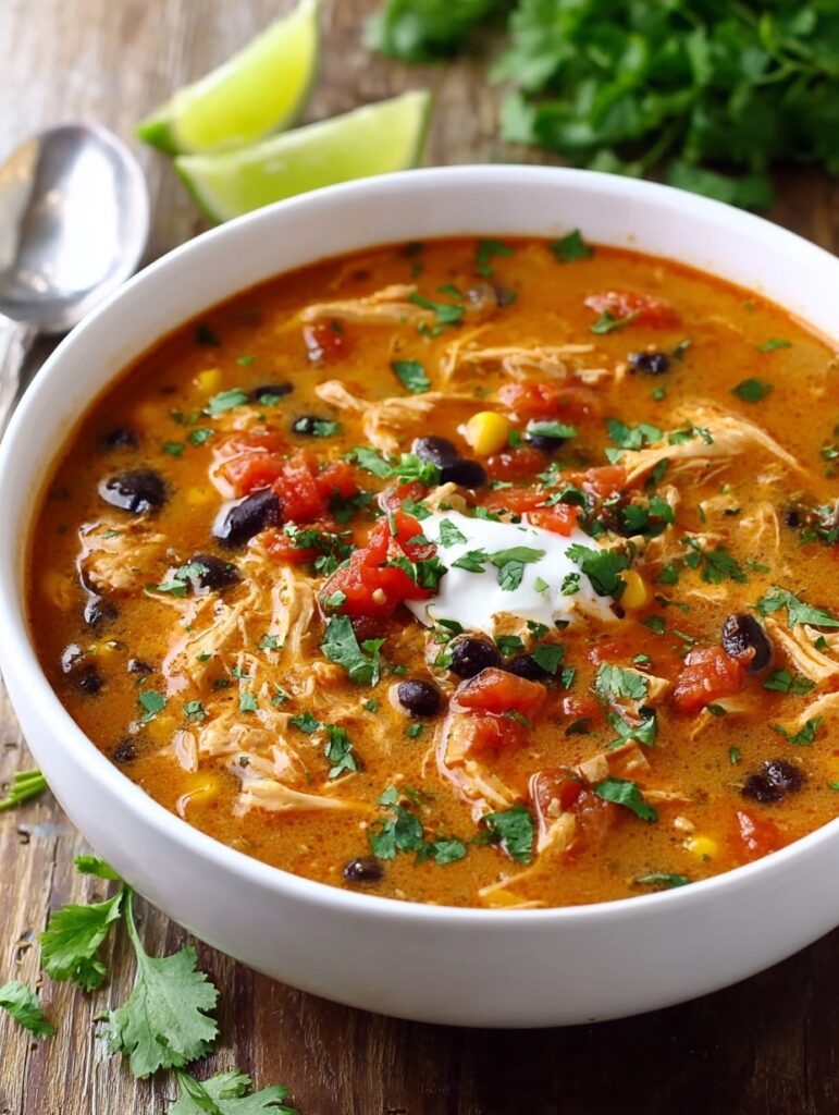 Southwestern chicken soup in colorful bowl with black beans, pinto beans, corn, bell peppers, and tender chicken in spicy broth