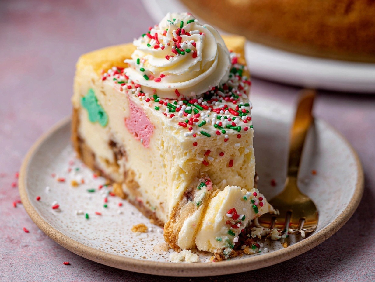 Slice of sugar cookie cheesecake showing layers of cookie crust, cream cheesecake with cookie dough balls, white chocolate ganache and festive sprinkles