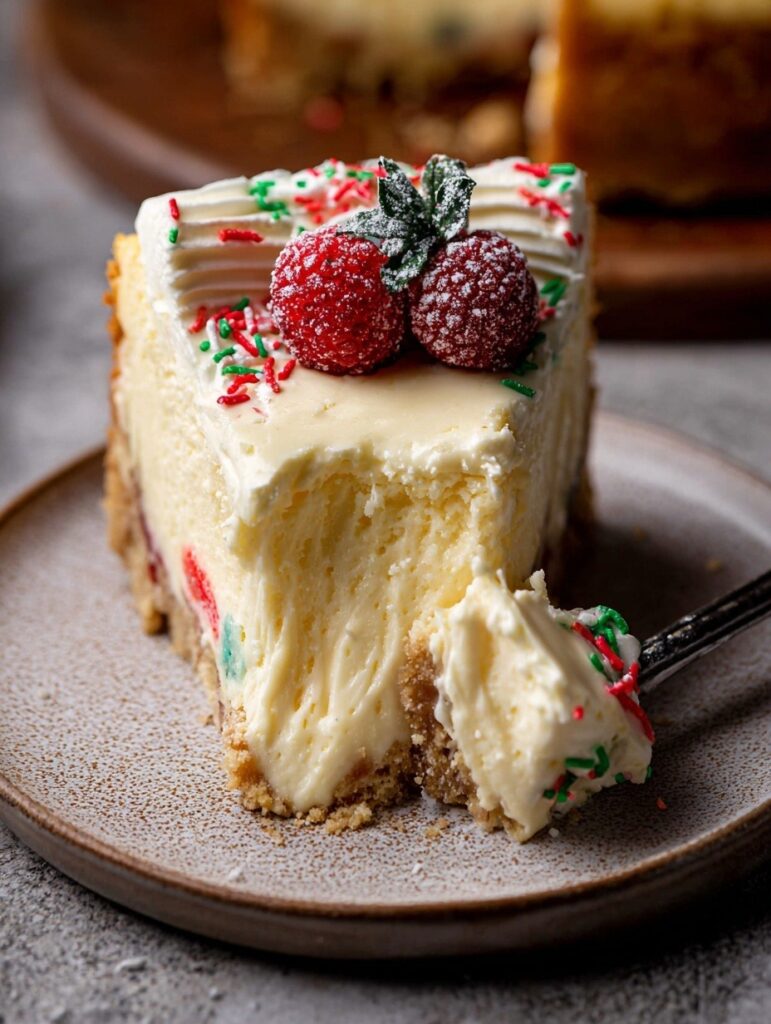 Slice of sugar cookie cheesecake showing layers of cookie crust, cream cheesecake with cookie dough balls, white chocolate ganache and festive sprinkles