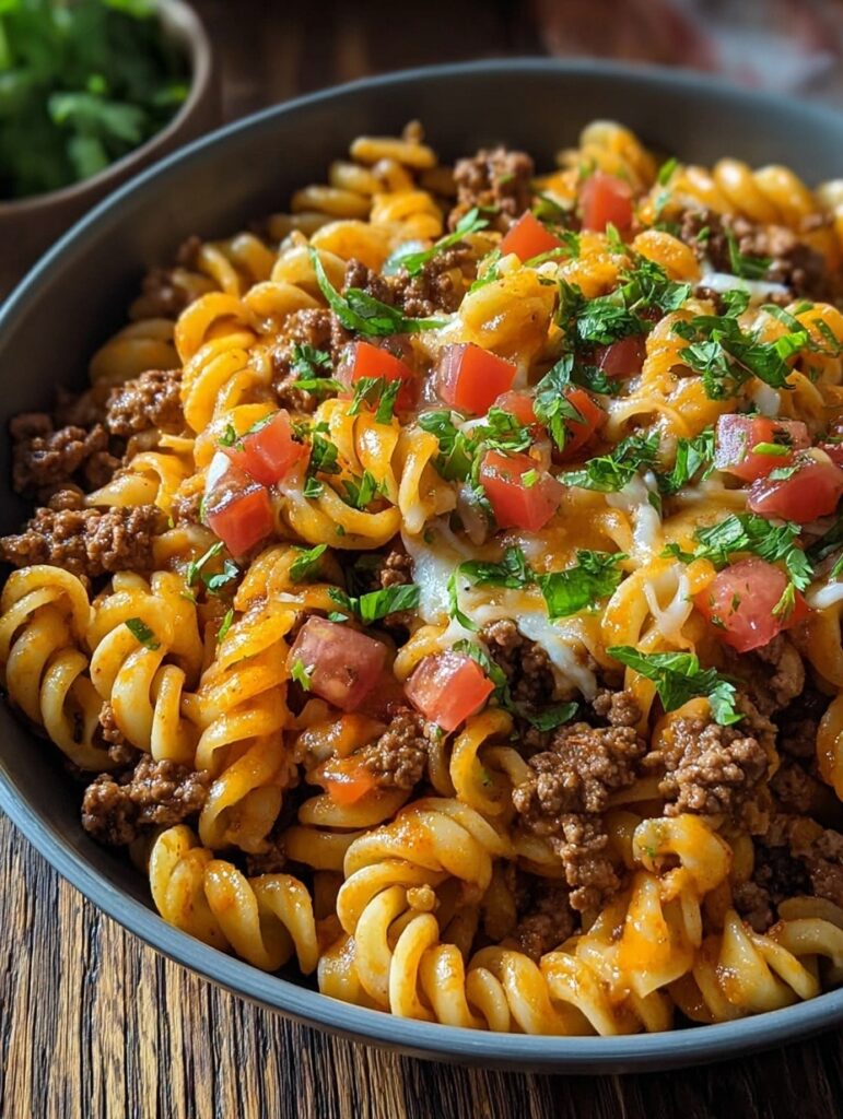 Creamy taco pasta with ground beef, pasta shells, melted cheddar cheese, and tomatoes in large pot, garnished with cilantro and jalapeños