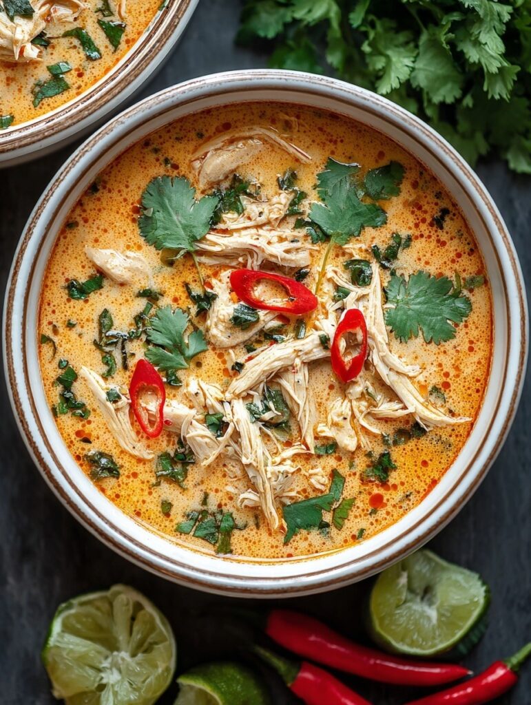 Thai coconut chicken soup in bowl with tender chicken, red peppers, mushrooms in creamy coconut broth garnished with cilantro and lime