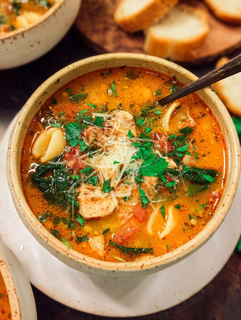 Tuscan chicken soup in bowl with white beans, sun-dried tomatoes, spinach, and shredded chicken in creamy Italian-seasoned broth