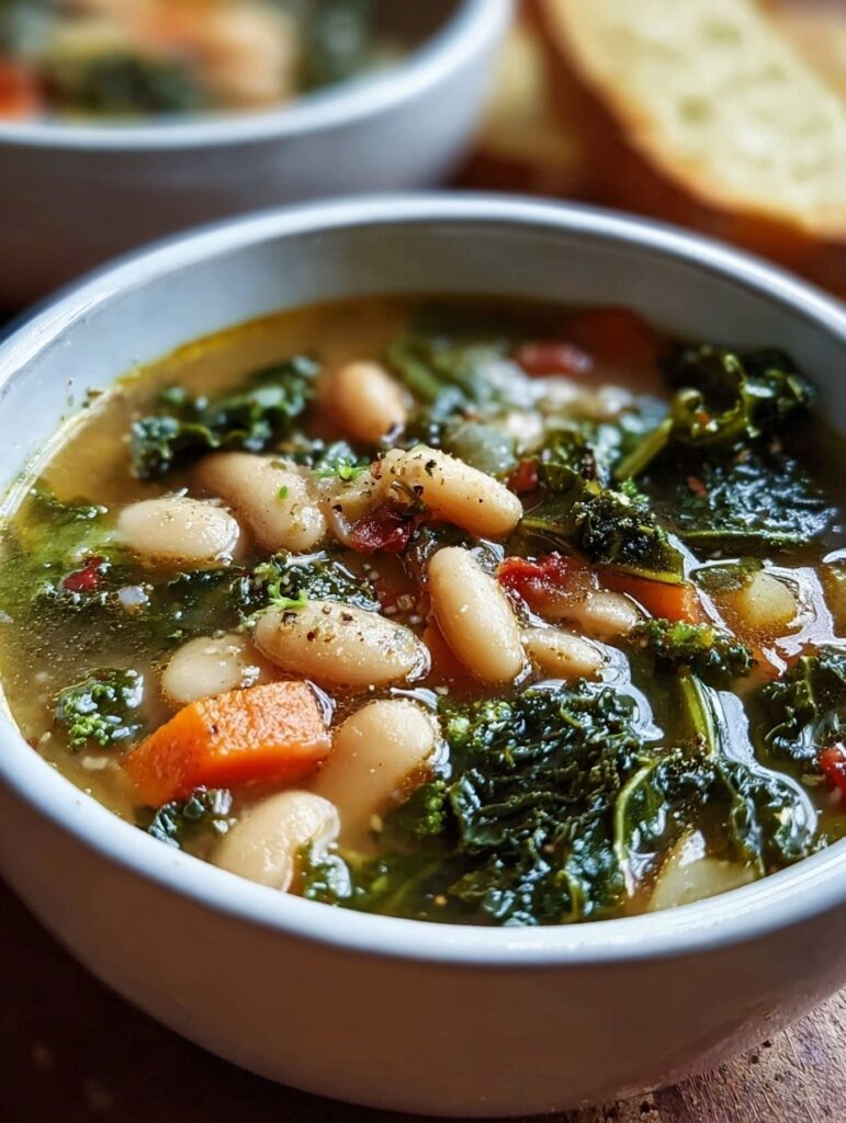Tuscan white bean and kale soup in ceramic bowl showing white cannellini beans, dark green kale, carrots in golden broth topped with Parmesan cheese and olive oil