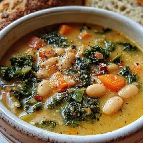 Tuscan white bean and kale soup in ceramic bowl showing white cannellini beans, dark green kale, carrots in golden broth topped with Parmesan cheese and olive oil