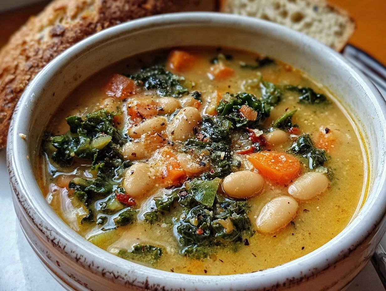 Tuscan white bean and kale soup in ceramic bowl showing white cannellini beans, dark green kale, carrots in golden broth topped with Parmesan cheese and olive oil