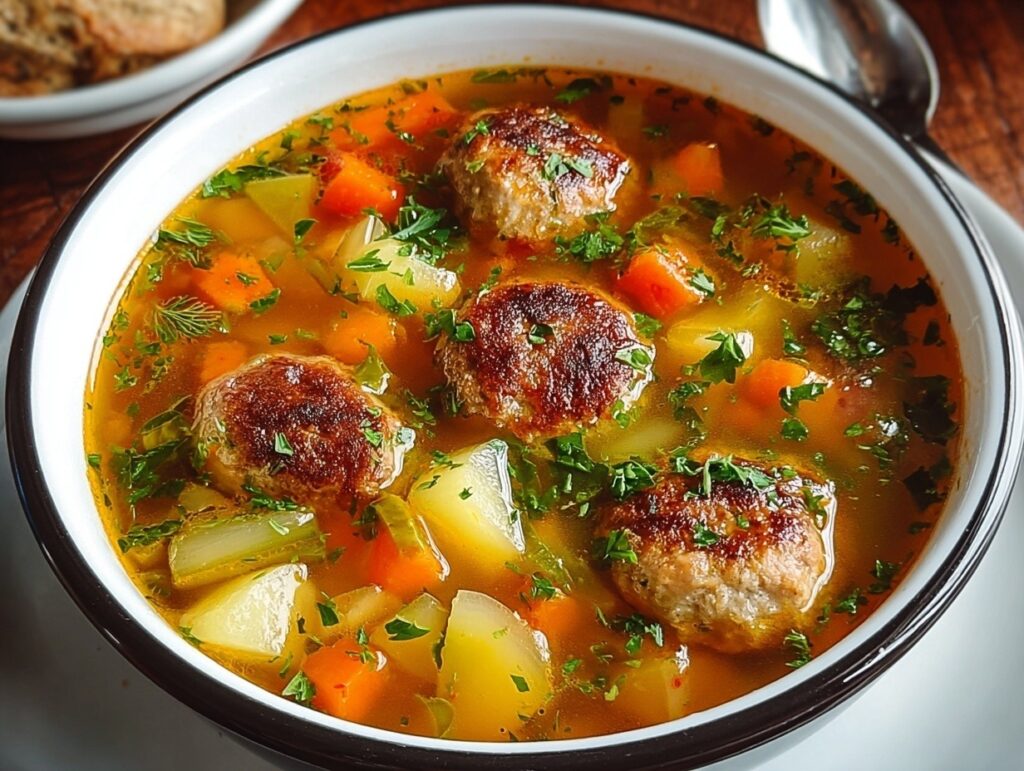 Healthy vegetable soup with homemade chicken meatballs, colorful vegetables, orzo pasta, baby spinach, Parmesan cheese, and fresh parsley in ceramic bowl on wooden board