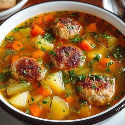 Healthy vegetable soup with homemade chicken meatballs, colorful vegetables, orzo pasta, baby spinach, Parmesan cheese, and fresh parsley in ceramic bowl on wooden board