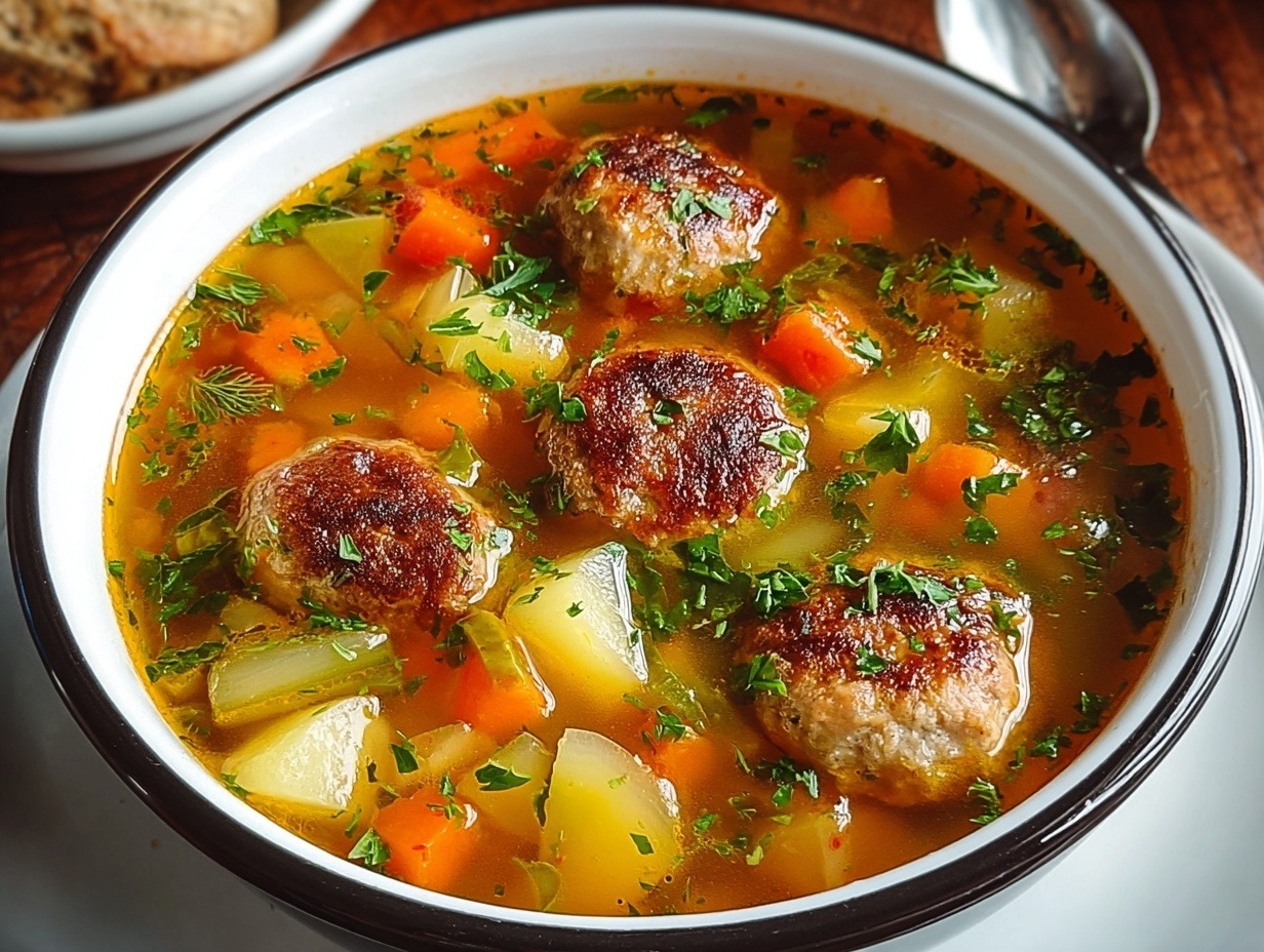 Healthy vegetable soup with homemade chicken meatballs, colorful vegetables, orzo pasta, baby spinach, Parmesan cheese, and fresh parsley in ceramic bowl on wooden board