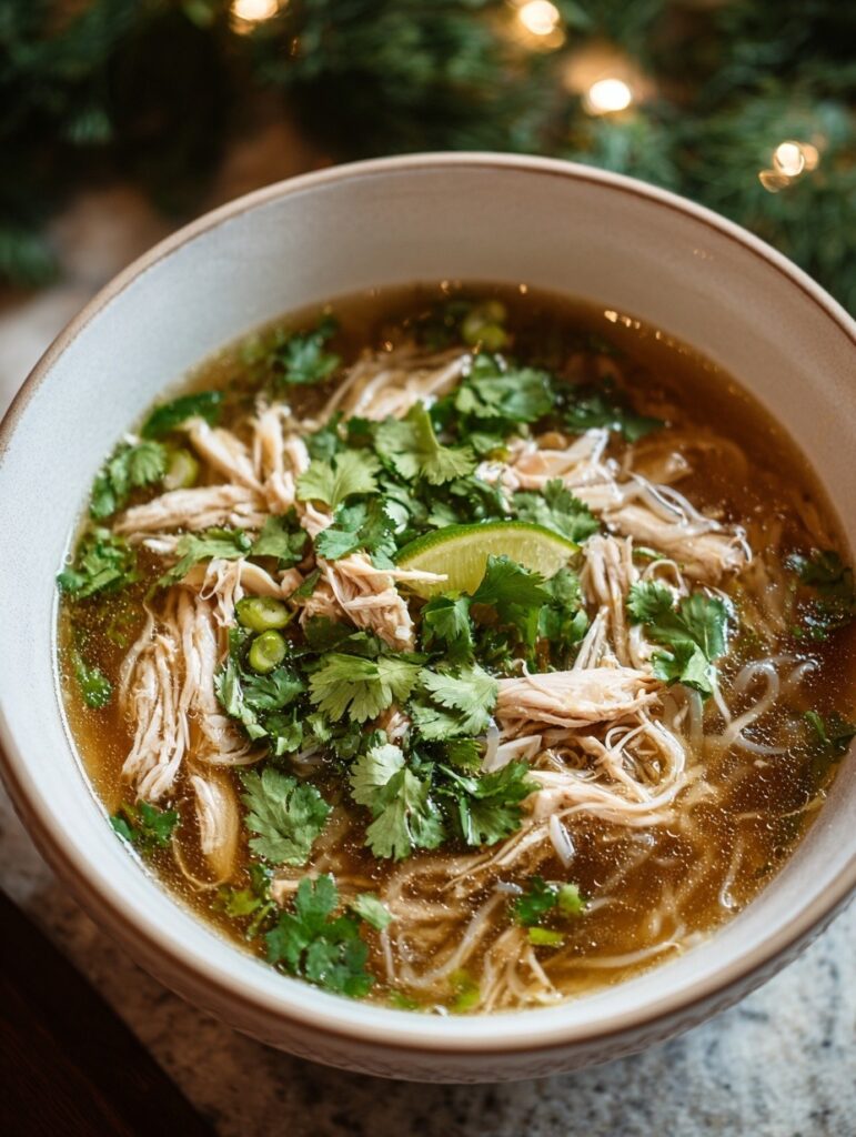 Vietnamese chicken pho in bowl with rice noodles, tender chicken, bean sprouts, Thai basil, cilantro, lime wedges, and jalapeños