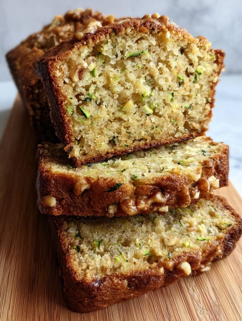 Sliced moist zucchini bread with walnuts on wooden board showing tender crumb and green zucchini flecks