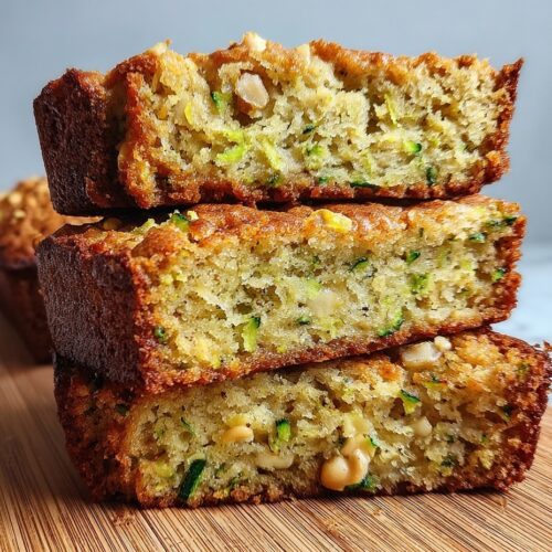 Sliced moist zucchini bread with walnuts on wooden board showing tender crumb and green zucchini flecks