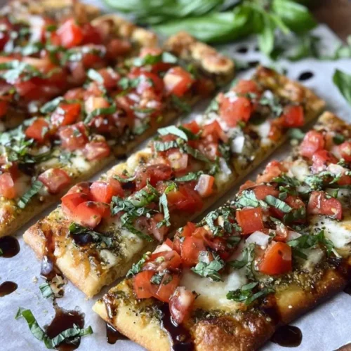 Bruschetta flatbread pizza sliced into rectangular pieces with golden crust, topped with melted cheese, fresh diced tomatoes, basil, and balsamic glaze on parchment paper.