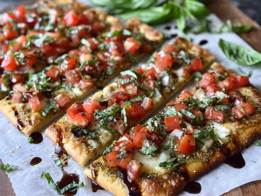 Bruschetta flatbread pizza sliced into rectangular pieces with golden crust, topped with melted cheese, fresh diced tomatoes, basil, and balsamic glaze on parchment paper.