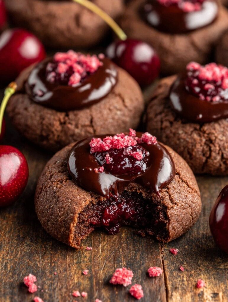 Fudgy chocolate cherry thumbprint cookies filled with chocolate ganache on wooden board with fresh cherries - valentine dessert recipe