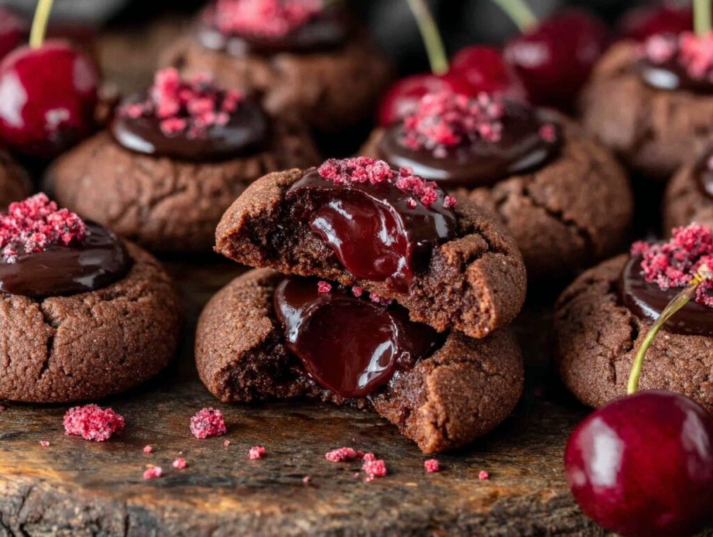 Fudgy chocolate cherry thumbprint cookies filled with chocolate ganache on wooden board with fresh cherries - valentine dessert recipe