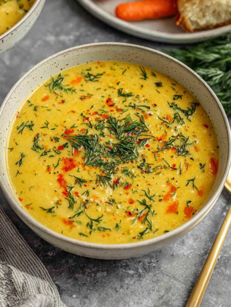Creamy carrot potato soup in ceramic bowl garnished with fresh parsley, showing orange broth with visible vegetable chunks, served with crusty bread on kitchen counter