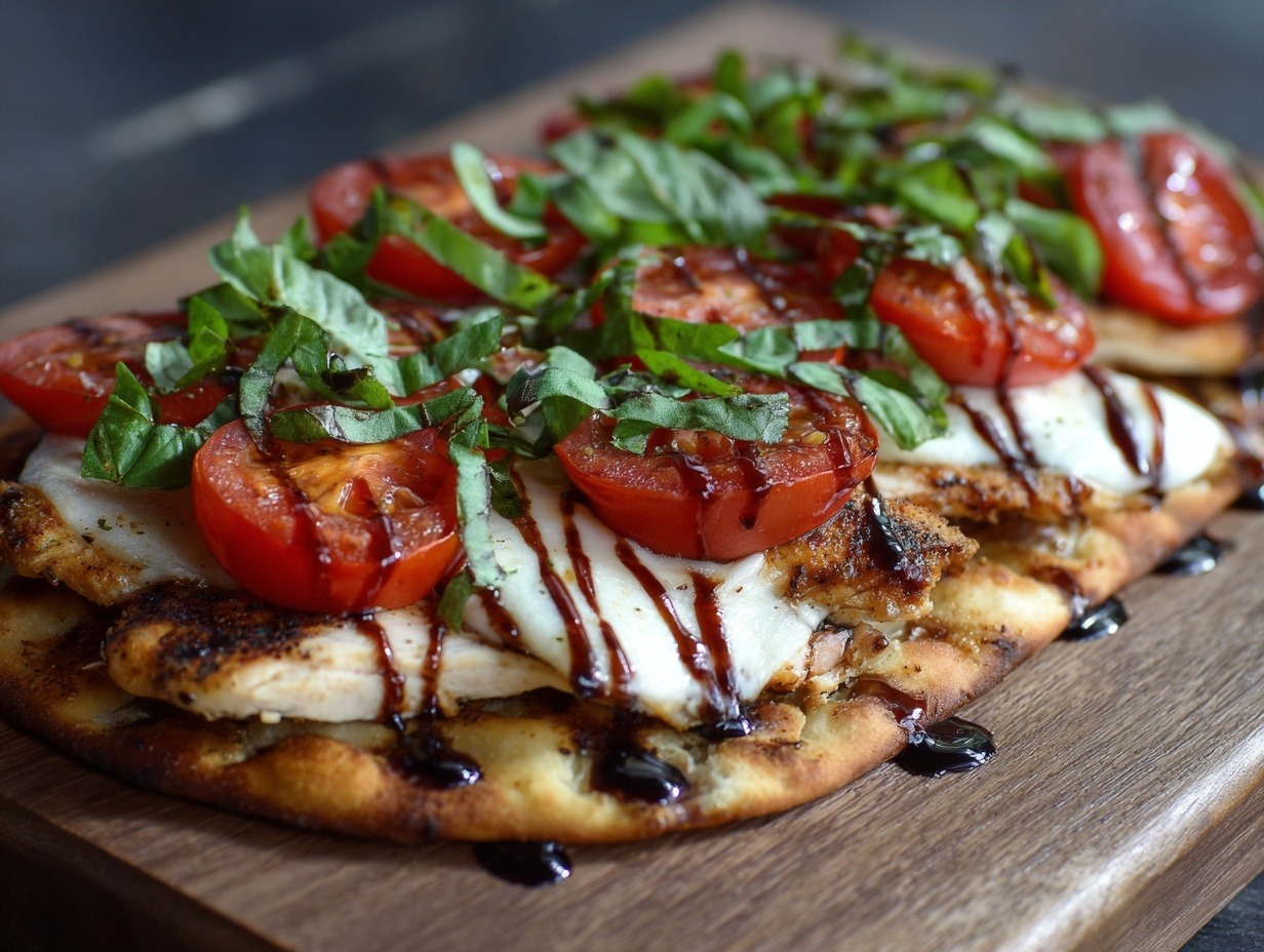 Chicken caprese flatbread with melted mozzarella, tomatoes, and fresh basil on crispy flatbread base