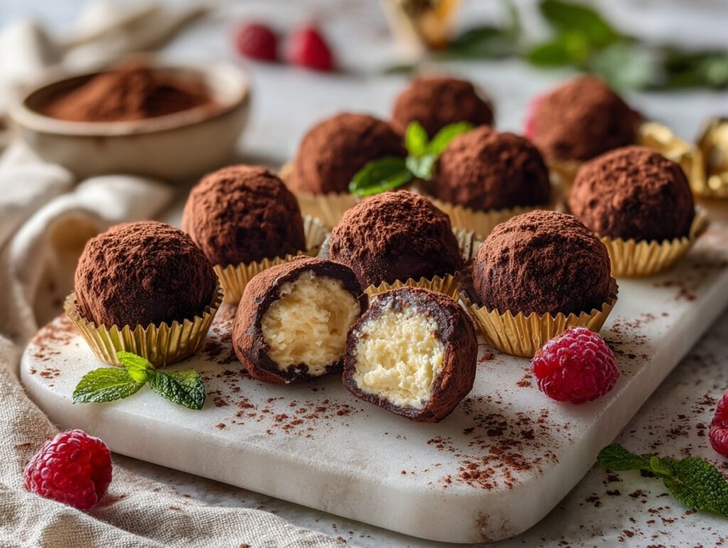 Decadent cream cheese chocolate truffles coated in cocoa powder on marble board showing creamy interior - easy no-bake dessert recipe