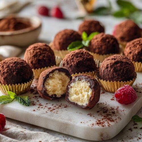 Decadent cream cheese chocolate truffles coated in cocoa powder on marble board showing creamy interior - easy no-bake dessert recipe