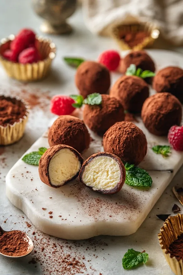 Decadent cream cheese chocolate truffles coated in cocoa powder on marble board showing creamy interior - easy no-bake dessert recipe