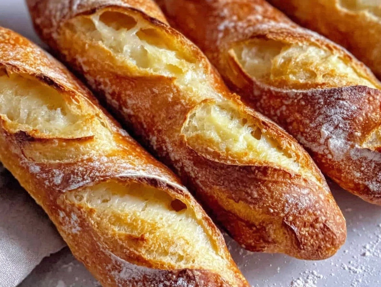 Four golden crusty mini baguettes with crackled crust and diagonal scoring on parchment paper showing soft interior and steam, perfect homemade French bread recipe