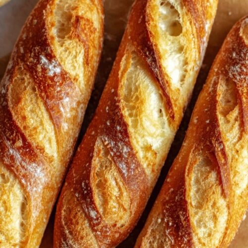 Four golden crusty mini baguettes with crackled crust and diagonal scoring on parchment paper showing soft interior and steam, perfect homemade French bread recipe