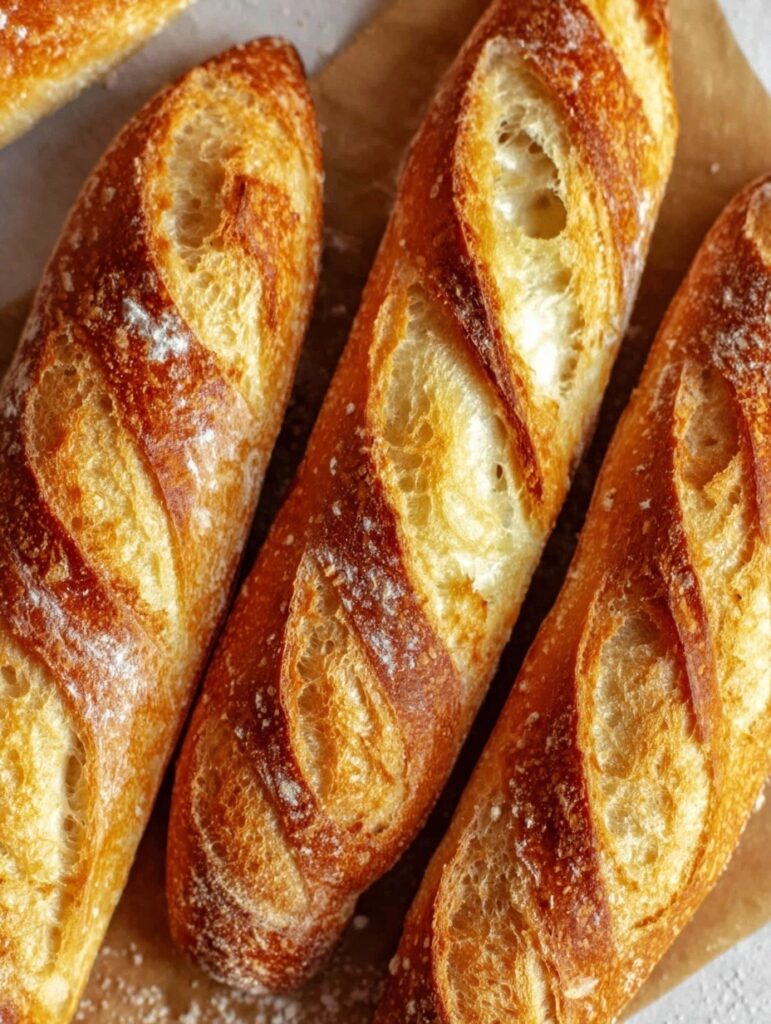 Four golden crusty mini baguettes with crackled crust and diagonal scoring on parchment paper showing soft interior and steam, perfect homemade French bread recipe