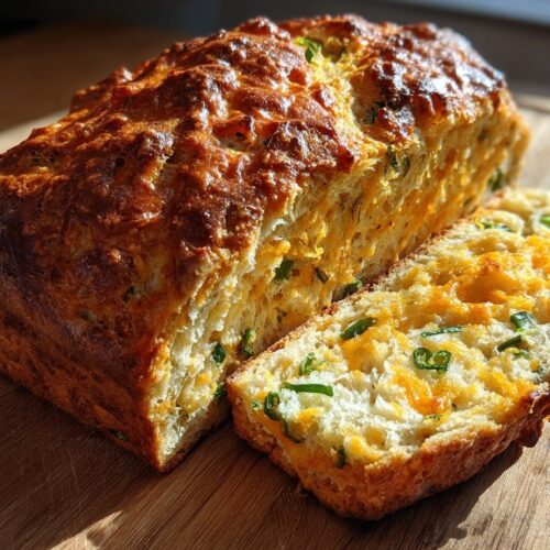 Golden crusty jalapeño cheddar bread loaf with melted cheese and diced jalapeños visible in sliced cross-section, showing fluffy interior and bubbled cheese on top, easy homemade spicy bread recipe
