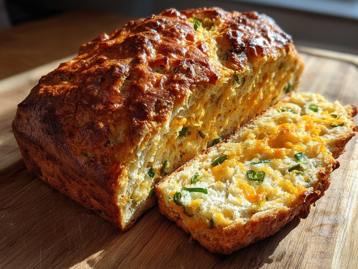 Golden crusty jalapeño cheddar bread loaf with melted cheese and diced jalapeños visible in sliced cross-section, showing fluffy interior and bubbled cheese on top, easy homemade spicy bread recipe