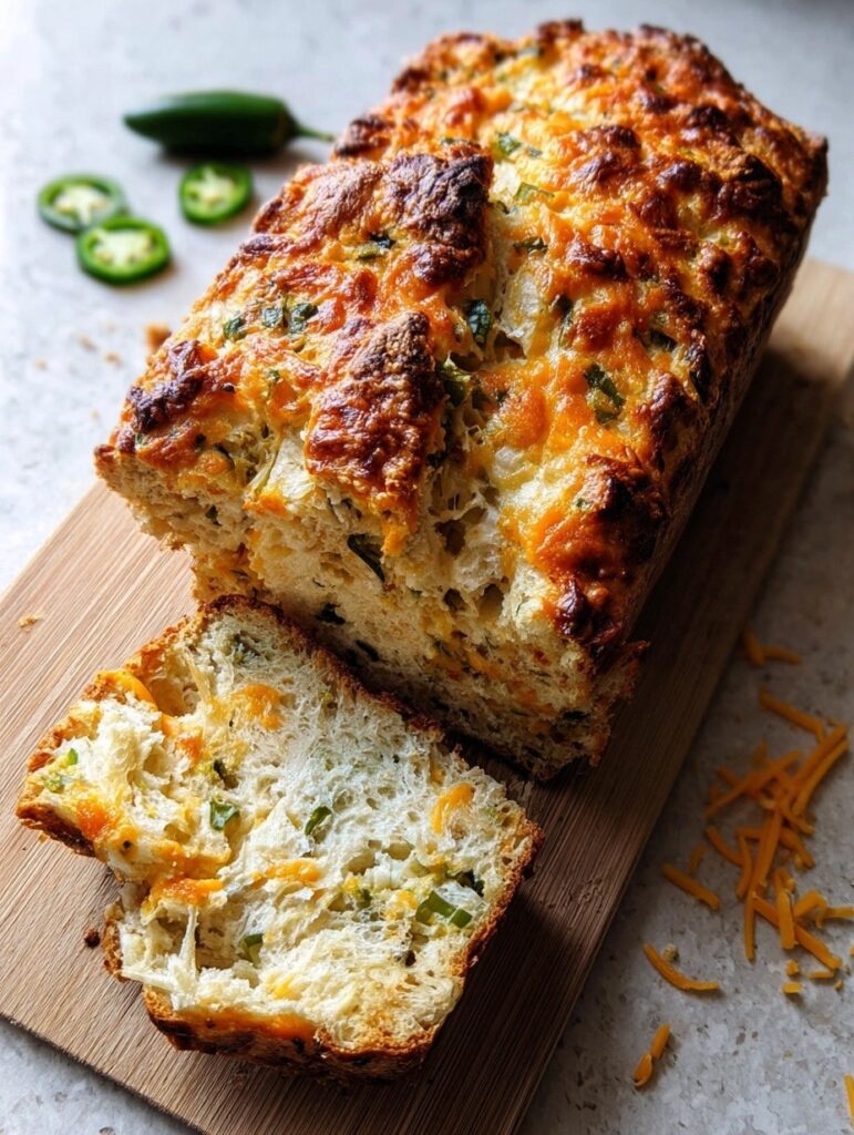 Golden crusty jalapeño cheddar bread loaf with melted cheese and diced jalapeños visible in sliced cross-section, showing fluffy interior and bubbled cheese on top, easy homemade spicy bread recipe