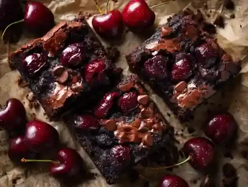 Ultra fudgy chocolate cherry brownies topped with glossy roasted cherries and melted chocolate chips arranged on parchment paper with fresh cherries, showing crinkle top and dense moist interior perfect for Valentine's Day dessert