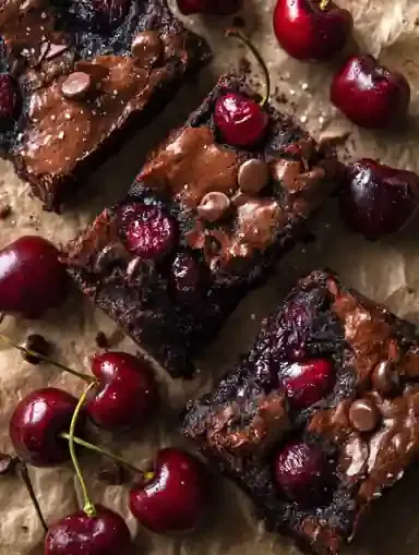 Ultra fudgy chocolate brownies topped with glossy roasted cherries and melted chocolate chips arranged on parchment paper with fresh cherries, showing crinkle top and dense moist interior perfect for Valentine's Day dessert