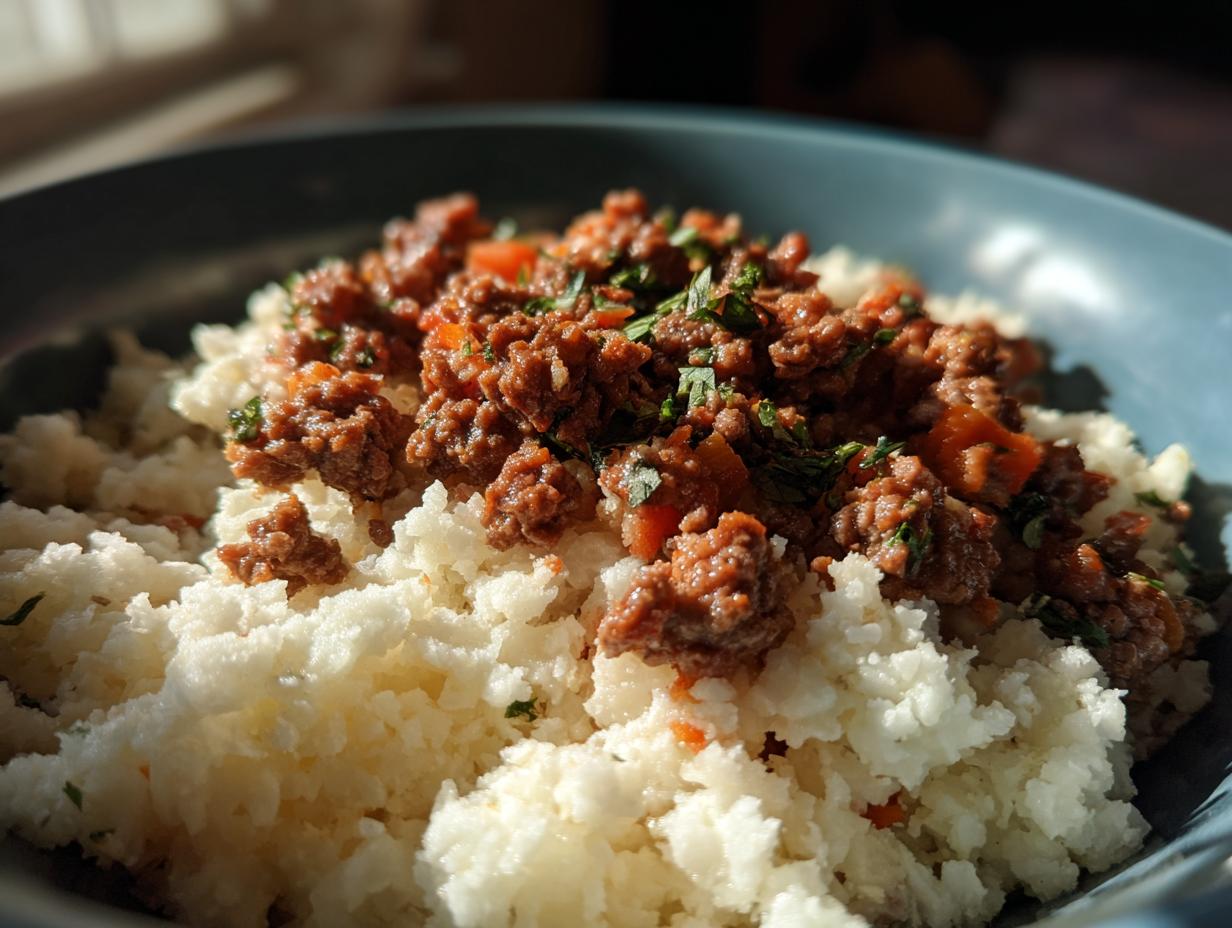 ground beef cauliflower rice bowl