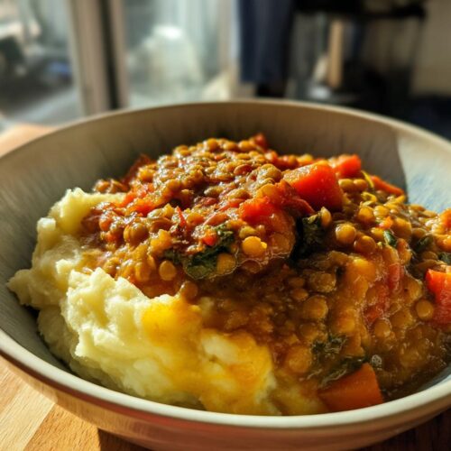 Lentil Stew over Creamy Mashed Potatoes